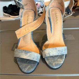 Liliana Light Blue Denim Open-Toe Ankle Strap Heels